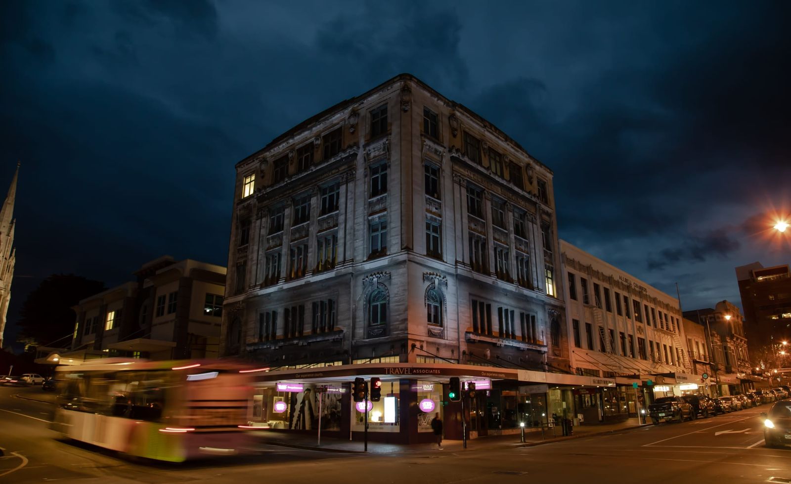 Dunedin Security Building lit up at night