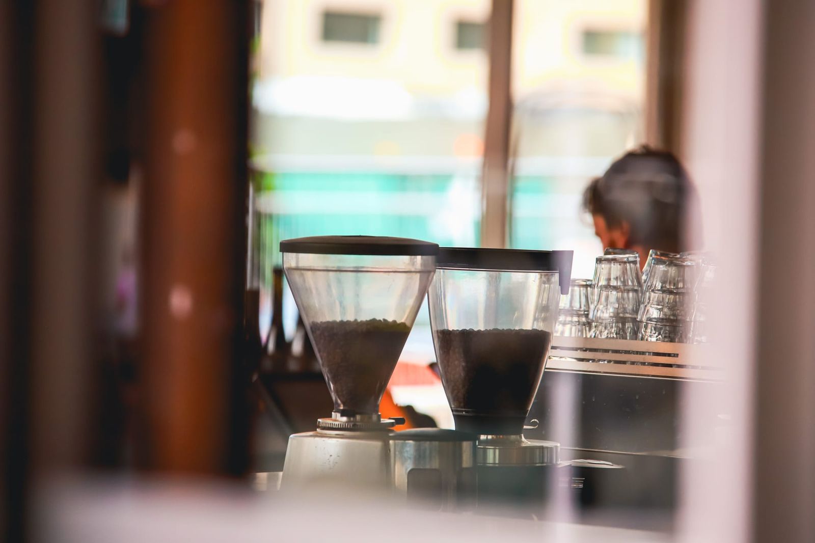 Coffee grinders in cafe