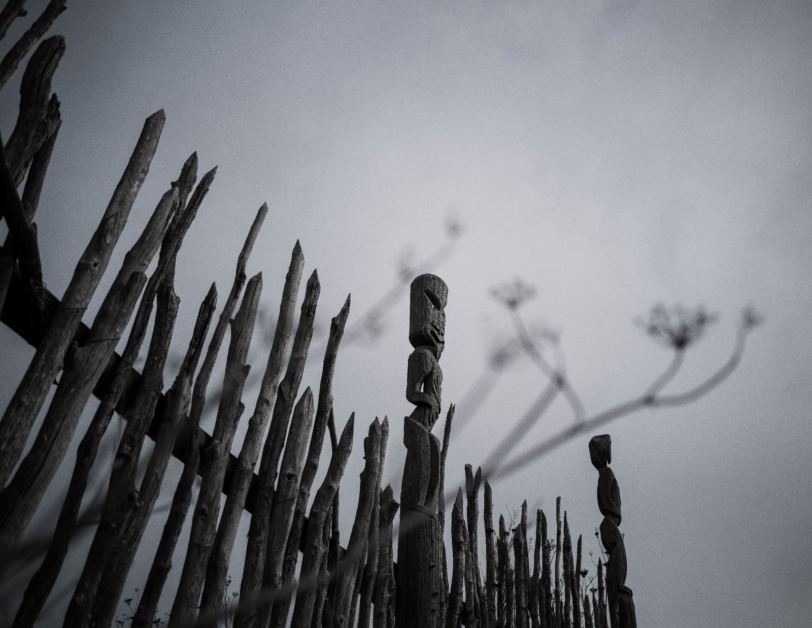 Fence at Ōtātara Pā with carved figures