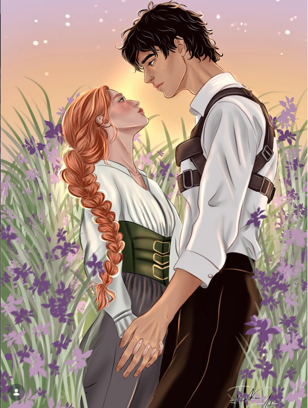 Fan art of Josie and Acker in a field of purple flowers holding hands