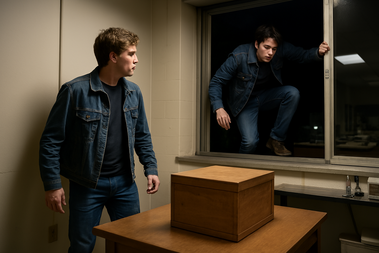 Two men entering through a window at night