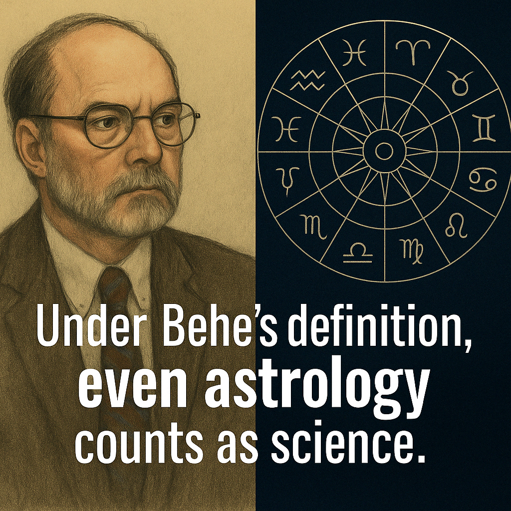 Split image of Michael Behe and a zodiac wheel illustrating that under Behe’s definition astrology qualifies as science