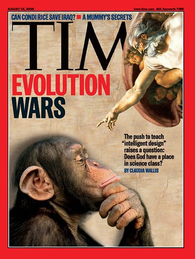 TIME magazine cover titled 'Evolution Wars' depicting the intelligent design controversy