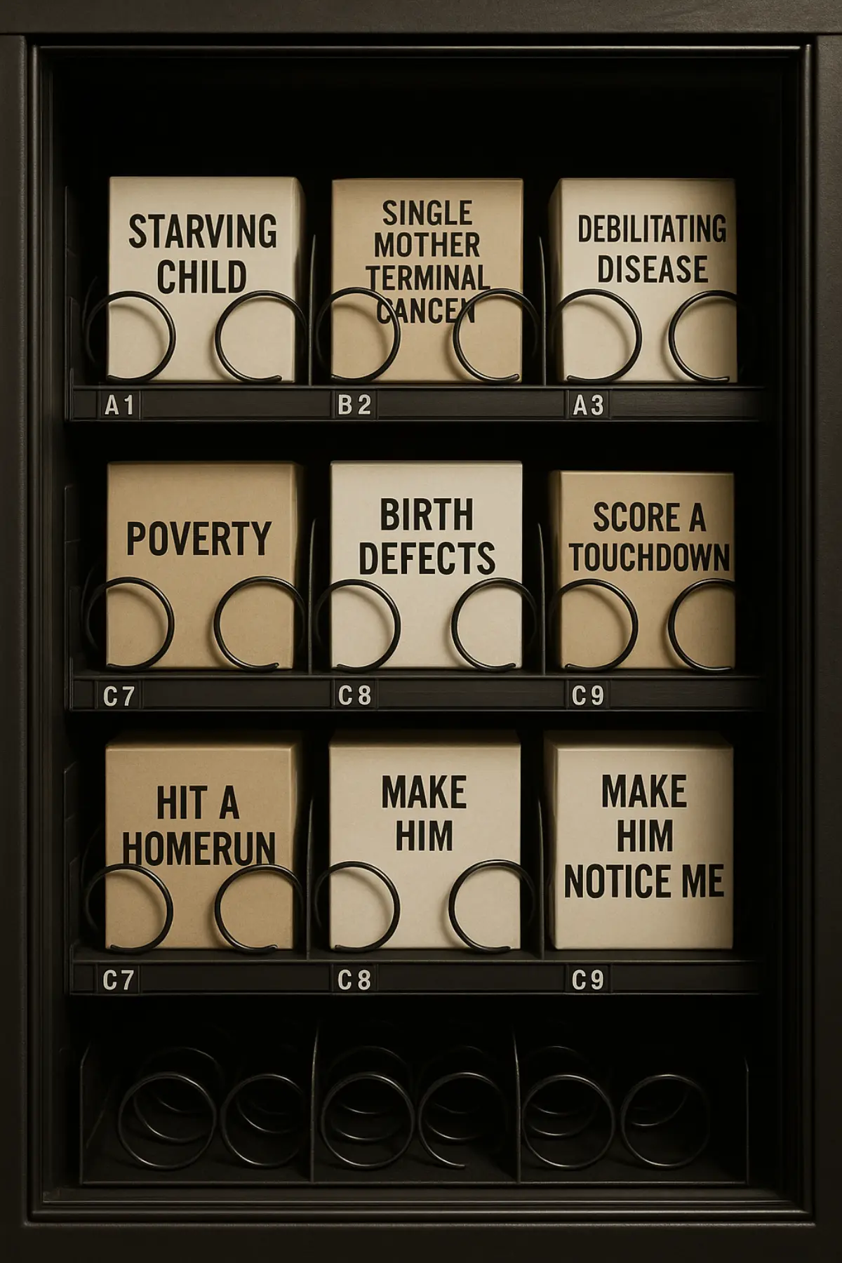 Surreal vending machine labeled “ARBITRARY,” a visual metaphor for capricious, rule-based salvation