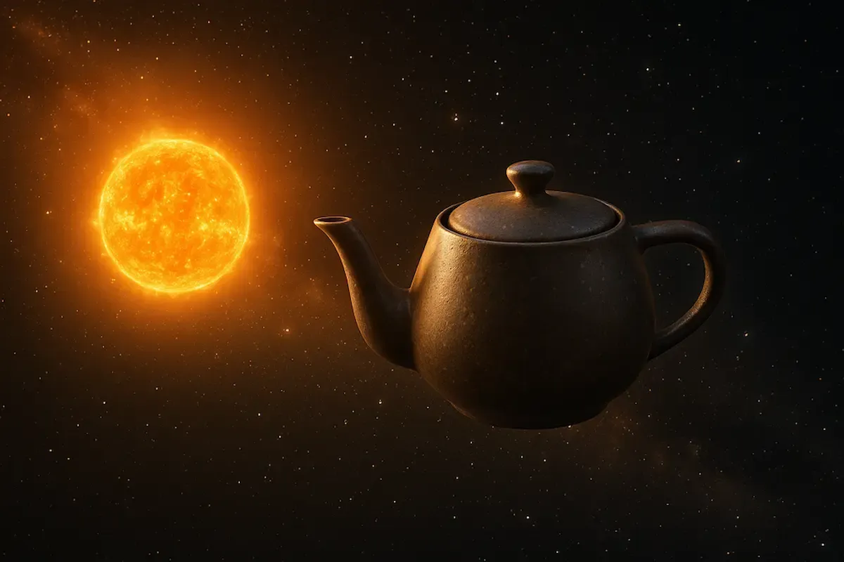 Bertrand Russell’s ‘celestial teapot’ imagined: a teapot drifting through space near the sun