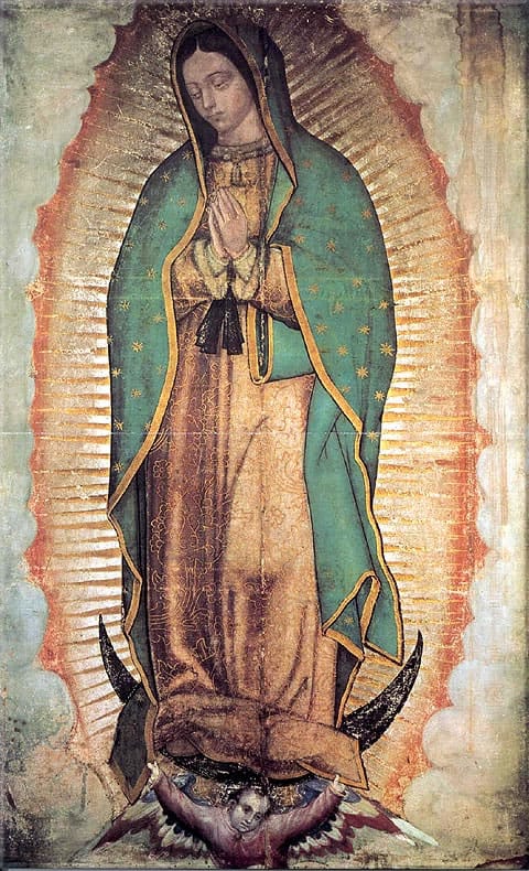 Close-up of the Virgin of Guadalupe image on the tilma.