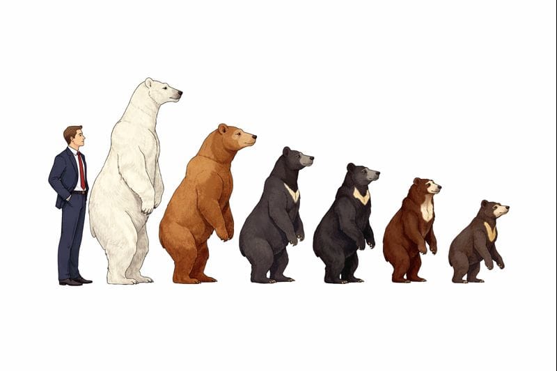 Illustration showing the diversity of modern bear species, highlighting differences in size, shape, and ecology among closely related animals