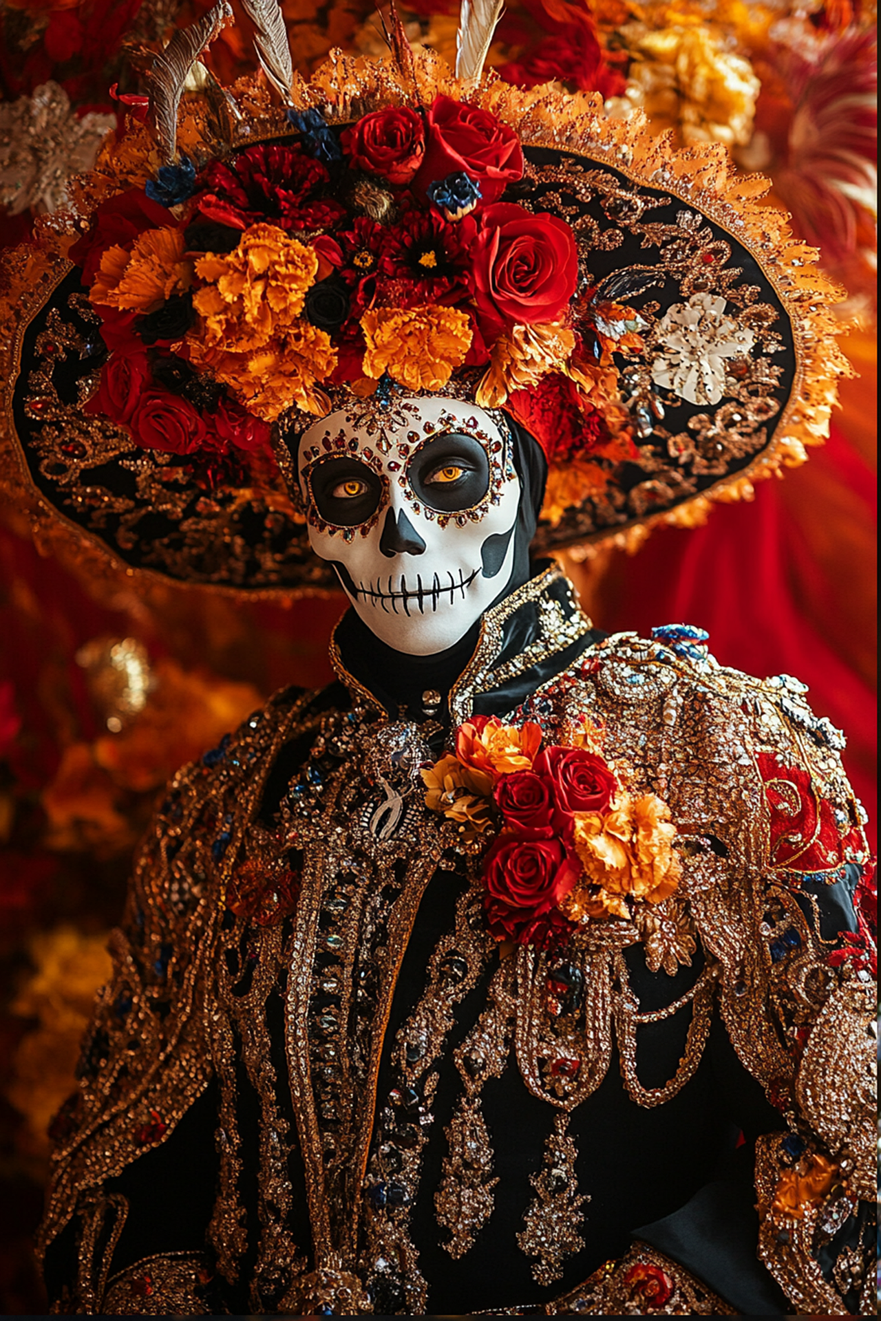 Day of the Dead altar with skull imagery and offerings.