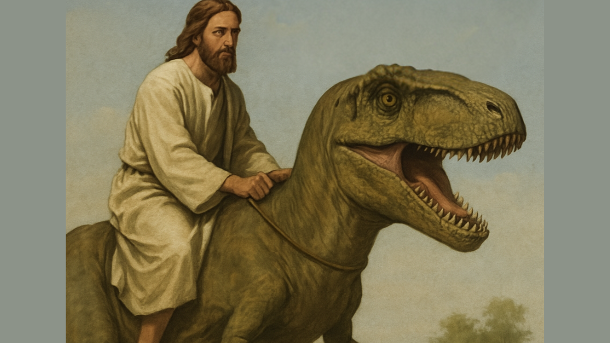Satirical illustration depicting Jesus riding a dinosaur, commonly used in young earth creationist imagery to imply human coexistence with dinosaurs