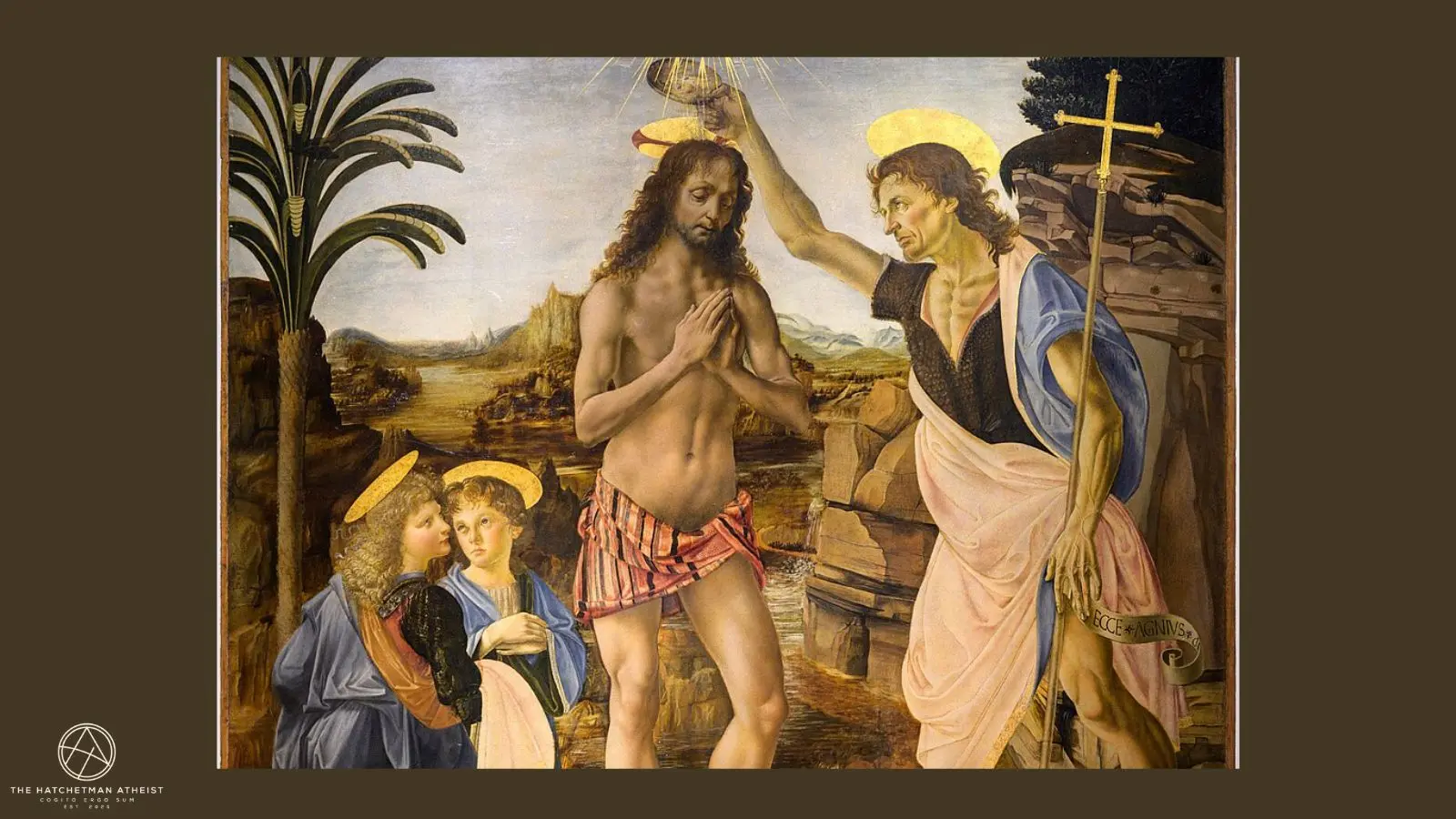 Renaissance painting showing John the Baptist pouring water over Jesus while angels look on, emphasizing hierarchy and ritual submission