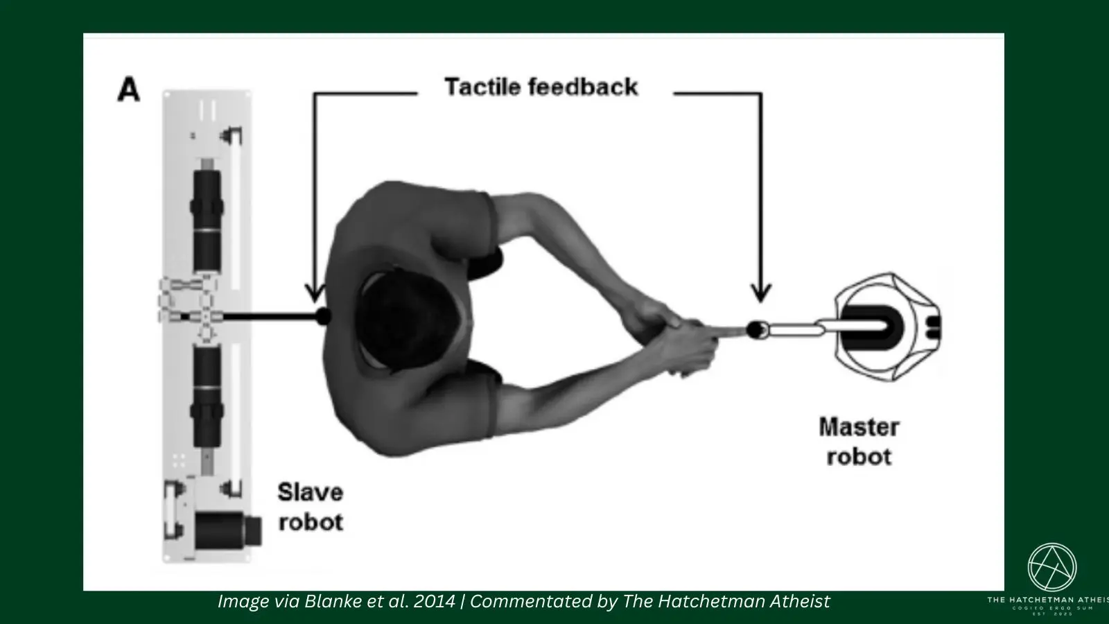 Diagram of the 2014 Olaf Blanke robot experiment inducing a sensed presence through sensorimotor conflict