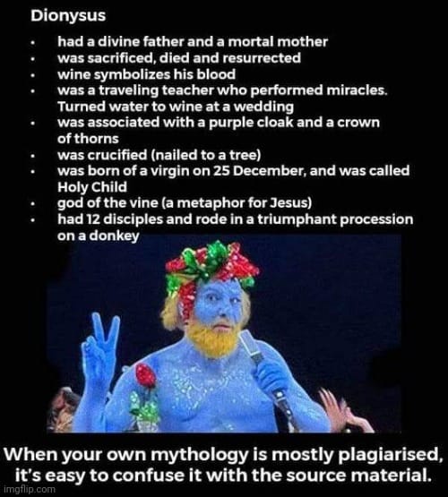 Viral meme listing alleged similarities between Dionysus and Jesus, implying that Christianity copied the Dionysus myth.