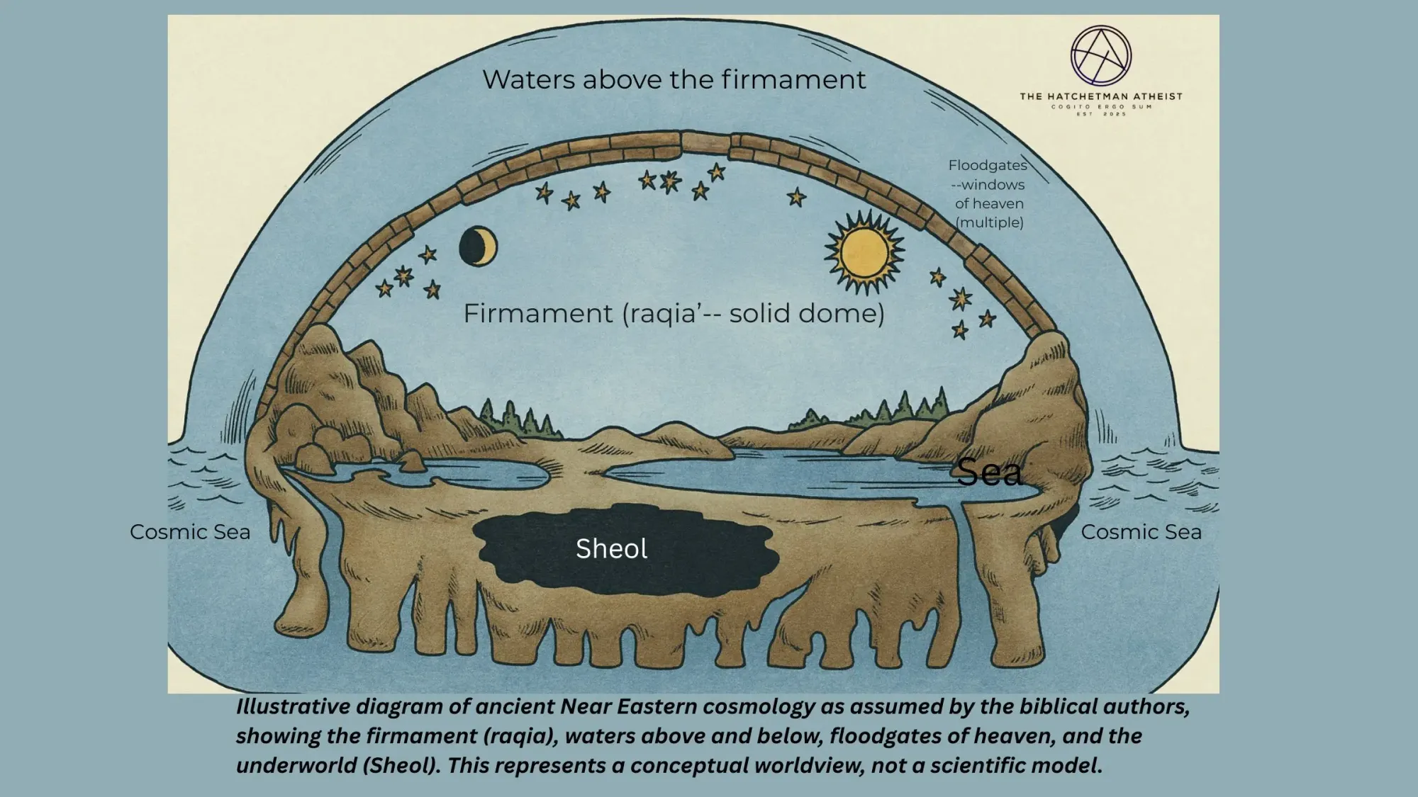 Illustrated diagram of ancient Near Eastern biblical cosmology showing a solid firmament (raqia), waters above and below, floodgates of heaven, the sea surrounding the land, and the underworld (Sheol).