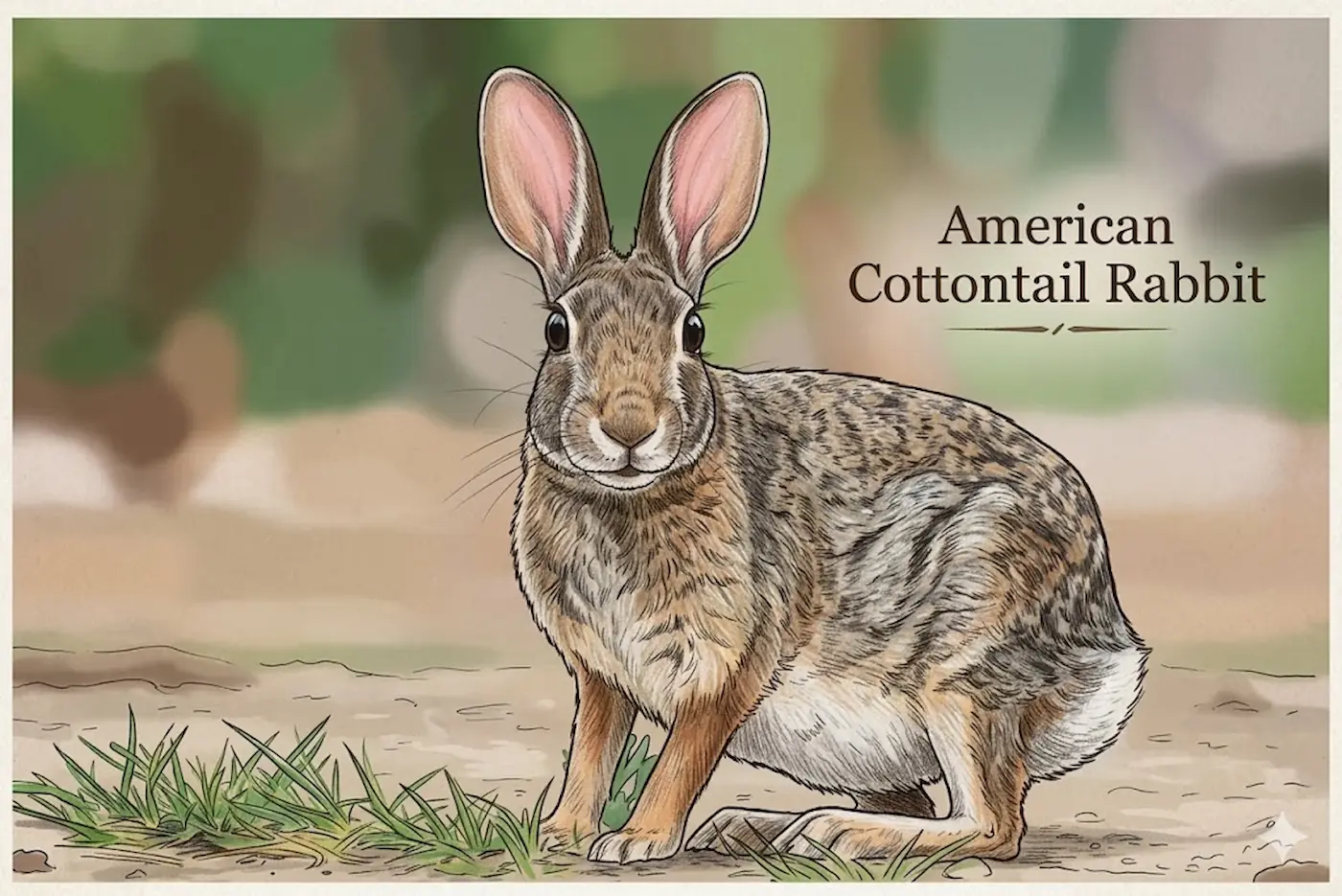 American cottontail rabbit sitting in grass, illustrating smaller burrowing species contrasted with hares