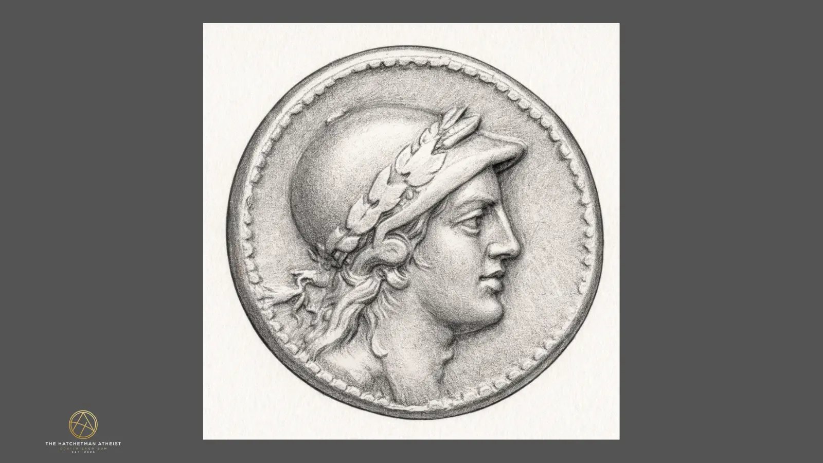 A high-contrast pencil-style illustration of an ancient coin depicting Attis in profile, wearing a Phrygian cap with a laurel wreath.
