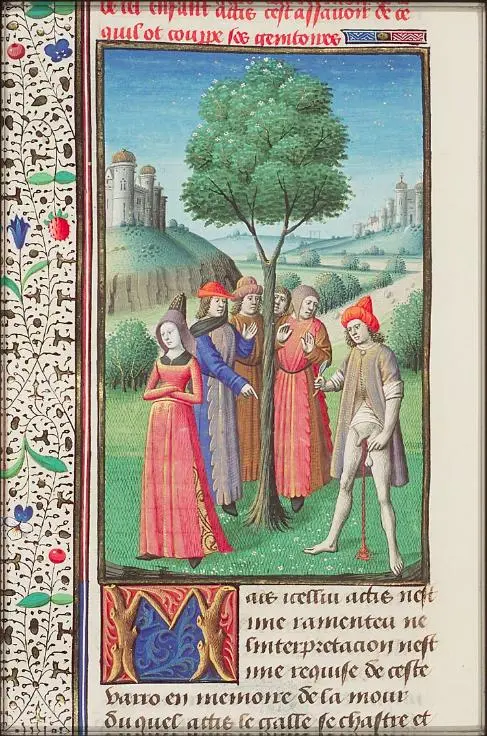 A 15th-century manuscript page showing a colorful miniature painting of the myth of Attis. The scene depicts Attis standing under a green tree, self-castrating with a knife while a group of onlookers watch. Below the painting is a large, ornate red letter 'M' followed by handwritten French text describing the ritual death.