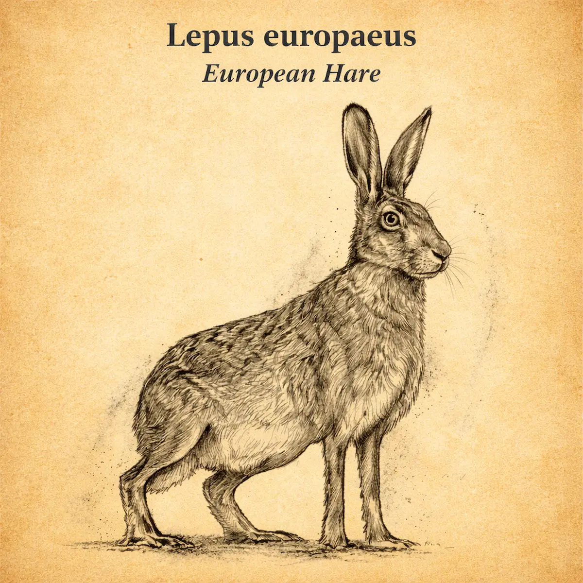 European hare standing upright in field, representative of Osterhase animal in historical Easter tradition