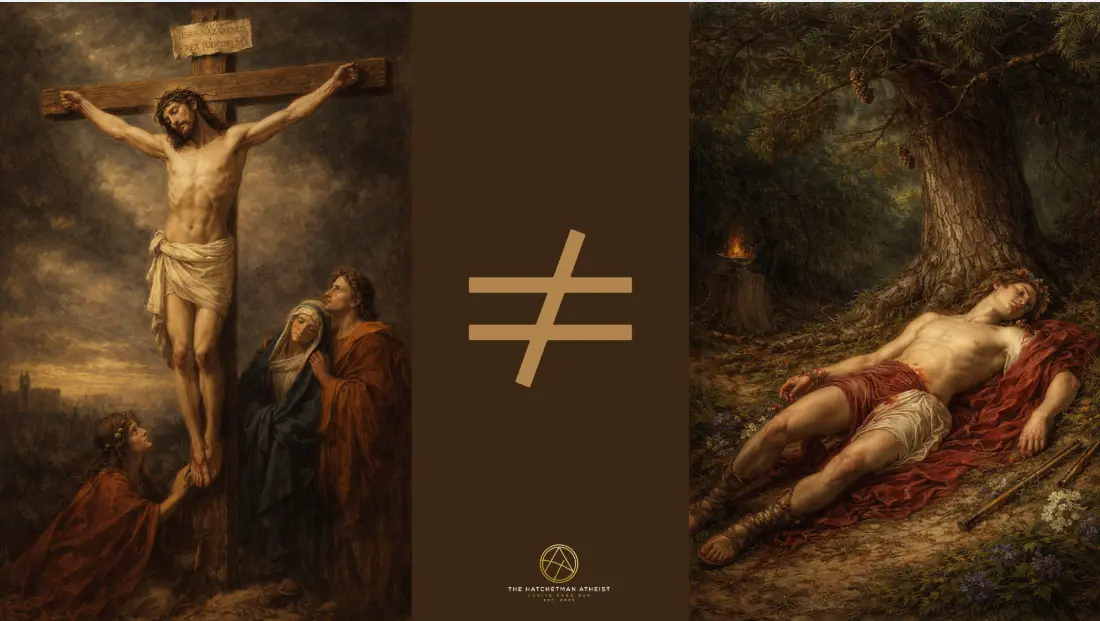 Side-by-side comparison of two paintings: on the left, a classical depiction of the crucifixion of Jesus; on the right, the mythic figure of Attis lying dead beneath a pine tree. A large red 'not equal' symbol is centered between them, highlighting the structural and narrative differences between the two stories.