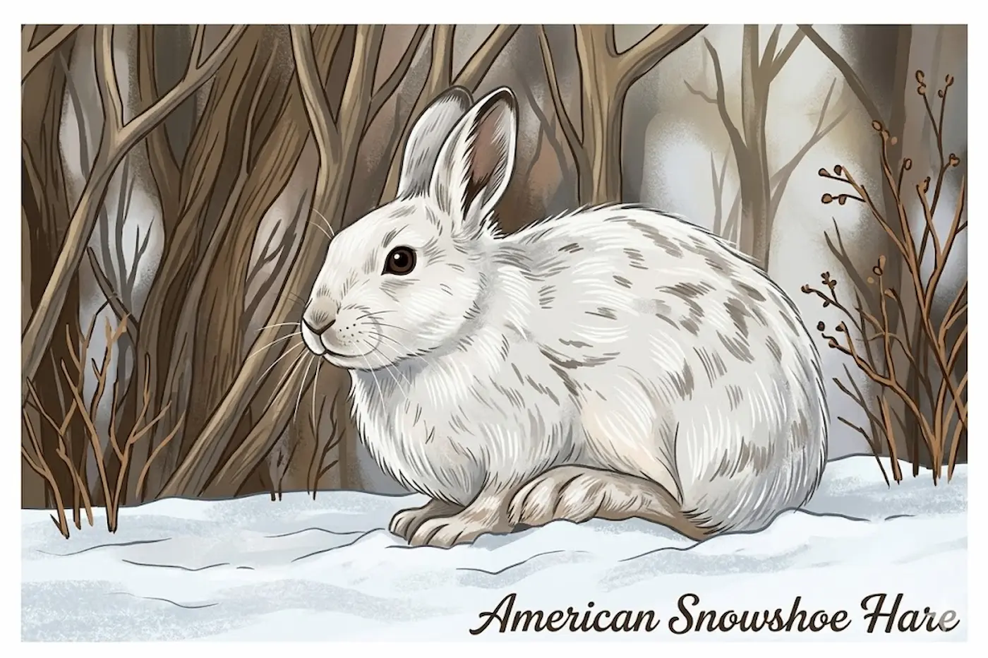 American snowshoe hare in winter coat, illustrating hare morphology and body structure distinct from rabbits