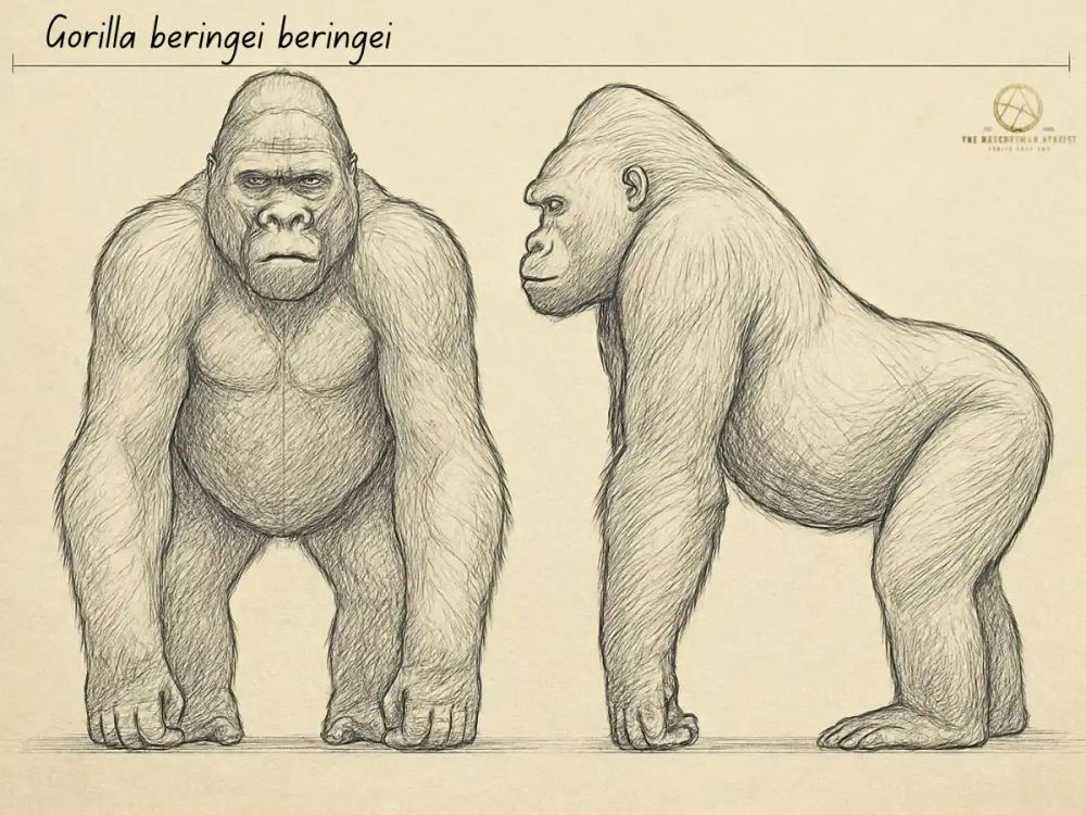 Pencil-style drawing of a gorilla, with detailed facial features and textured fur shading.