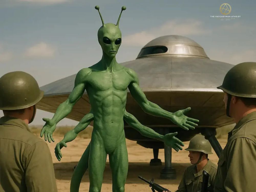 A stylized green alien with large black eyes against a dark background.