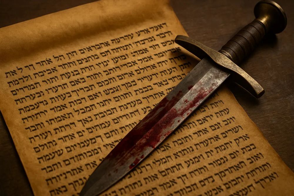 Ancient bronze sword resting diagonally across an open Hebrew scripture scroll