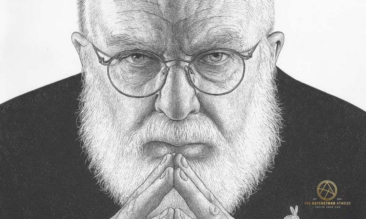 Detailed pencil drawing of James Randi with glasses, white beard, and hands steepled, staring directly with a piercing gaze.