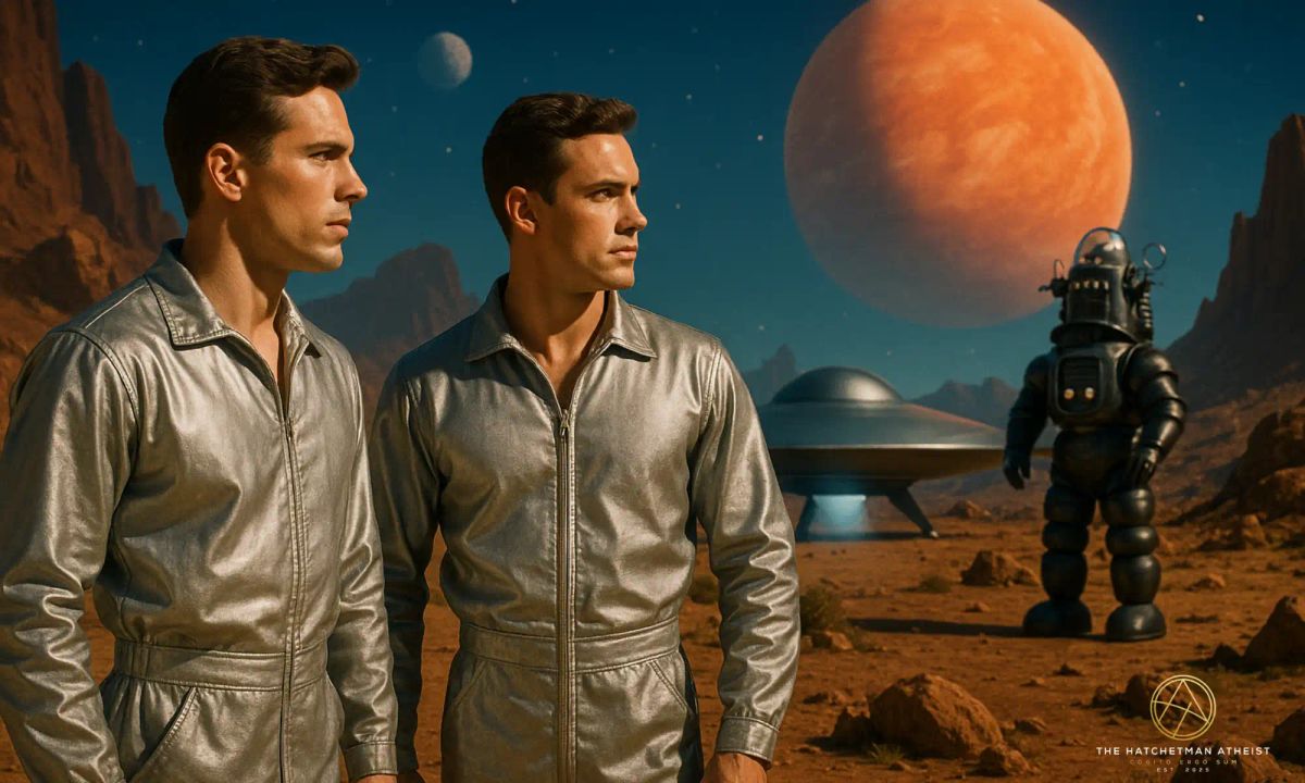 Retro sci-fi scene with two astronauts in silver suits standing on a rocky alien world, with a flying saucer, classic robot, and a giant planet overhead.