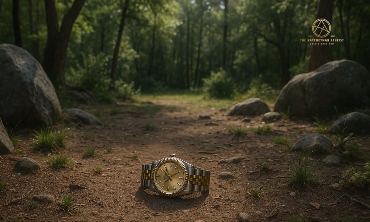 Gold two-tone Rolex wristwatch lying on dirt in a forest clearing, with scattered granite boulders and uneven trees in soft afternoon light.