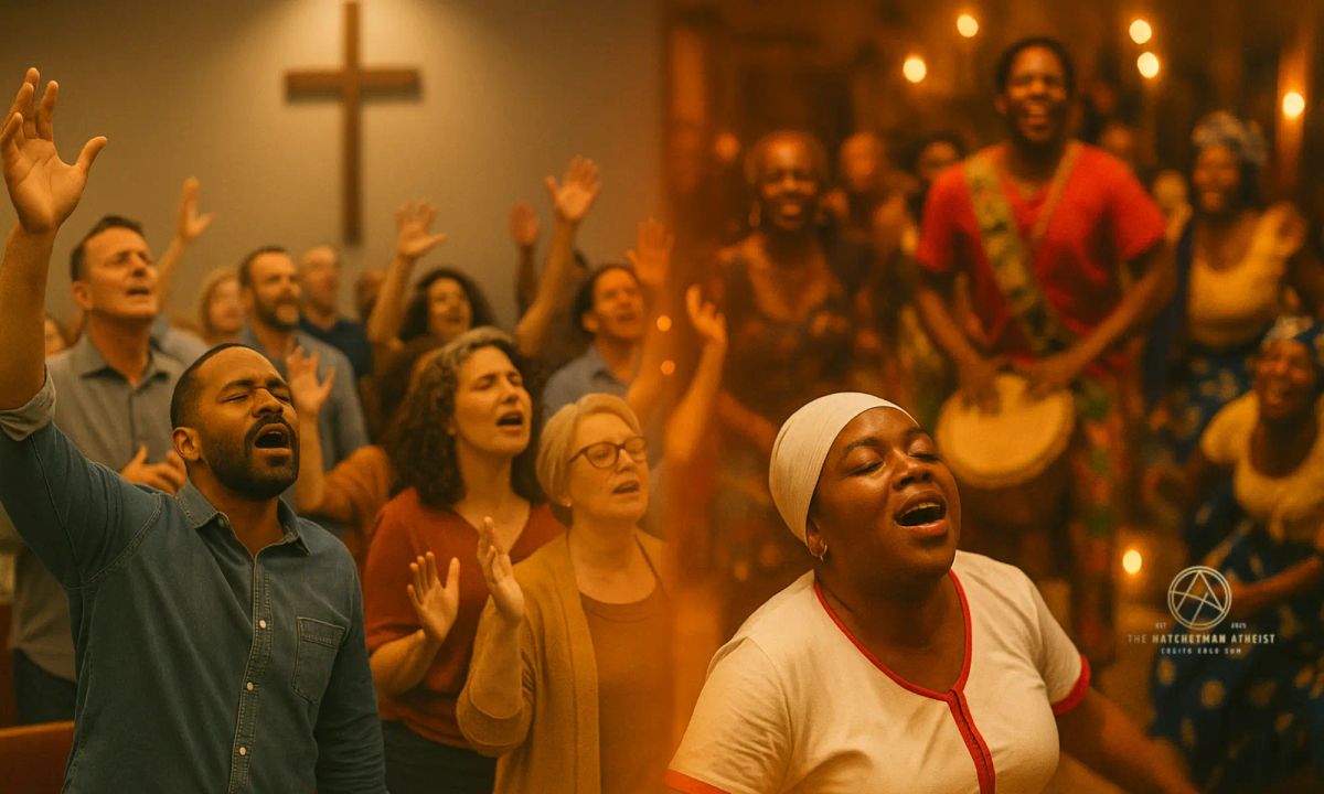 Split-scene image showing Pentecostal Christians with raised hands in worship on the left and a Vodou ritual with drumming and chanting on the right