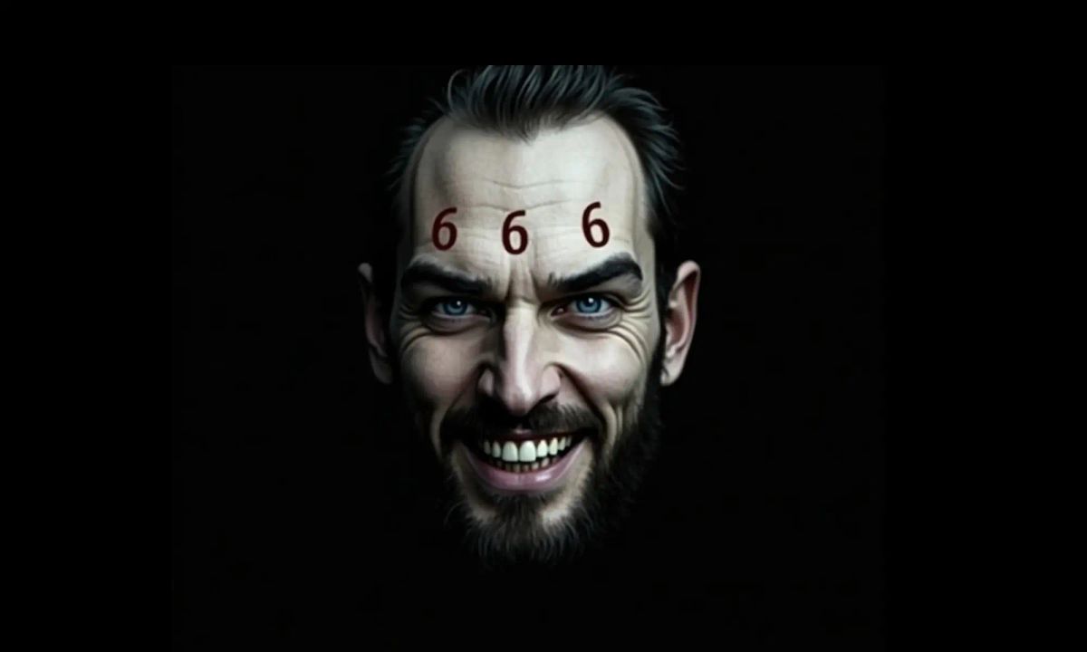 A dramatic close-up of a man with the number 666 inscribed on his forehead, symbolizing the historical identification of Nero Caesar as the Beast in the Book of Revelation.