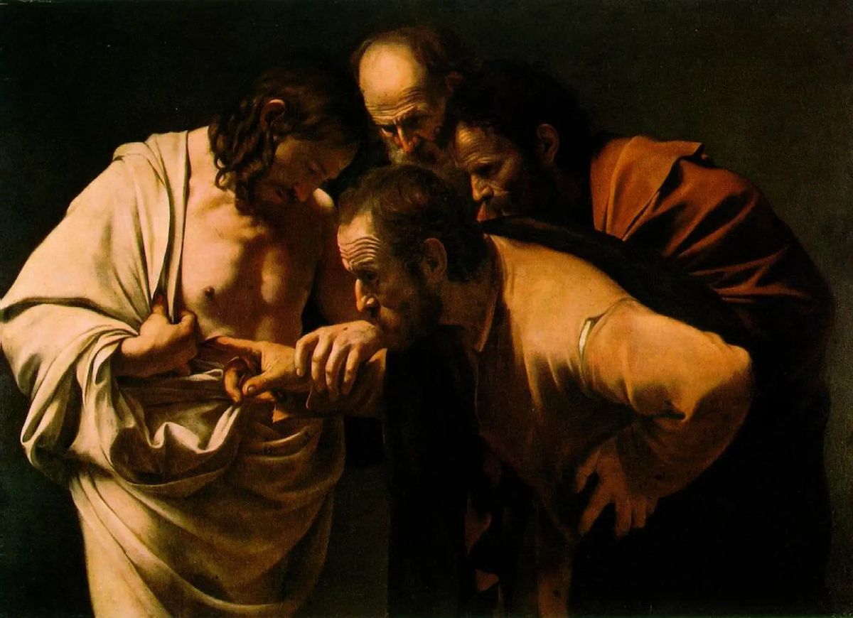 Caravaggio’s The Incredulity of Saint Thomas shows the risen Jesus guiding Thomas’s hand to his wound as other disciples lean in, emphasizing doubt, scrutiny, and delayed recognition.