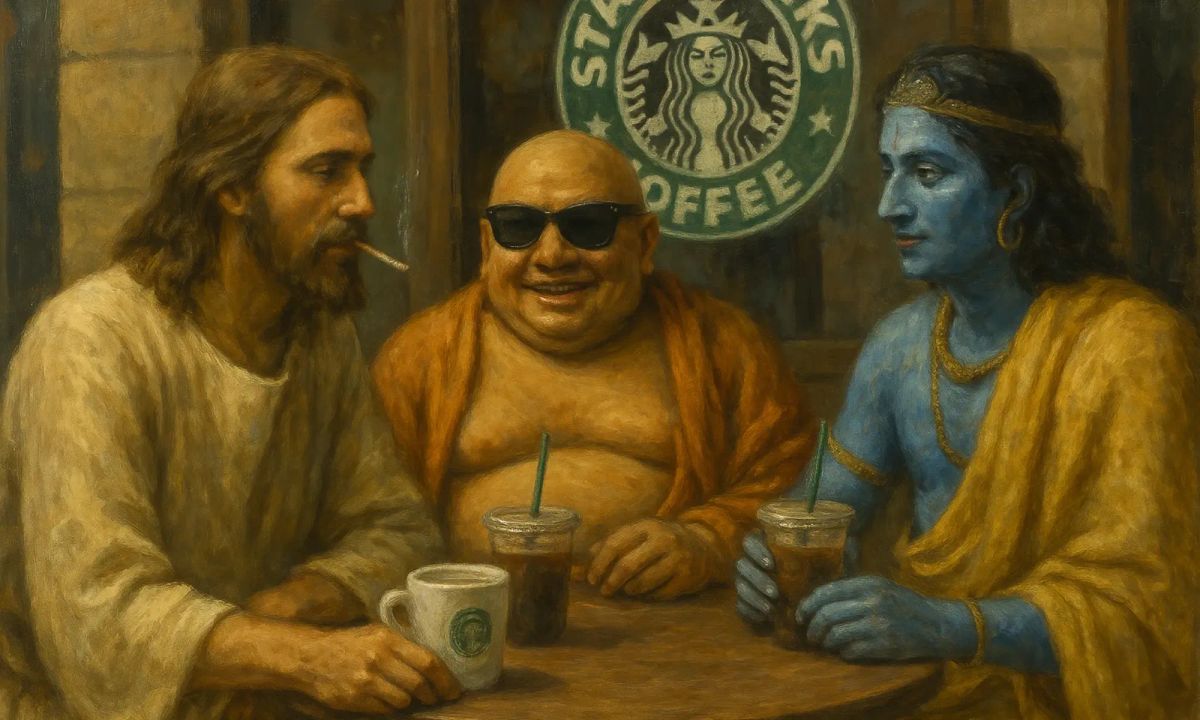 Jesus, Buddha, and Krishna sitting at a Starbucks table enjoying a coffee together.  Jesus is smoking a cigarette.