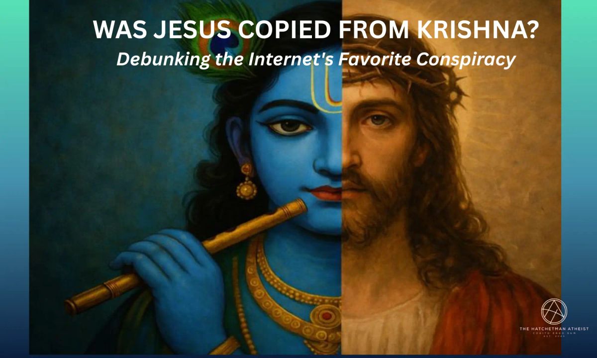 Artistic comparison of Lord Krishna with a flute and Jesus Christ with a crown of thorns debunking plagiarism myths.