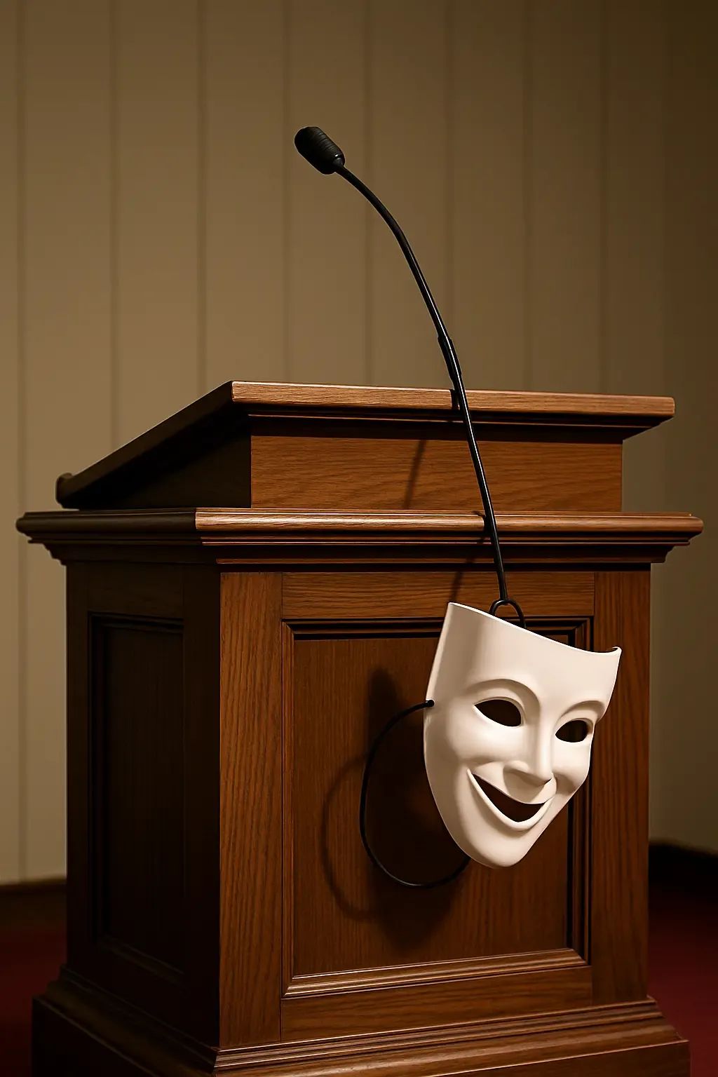 a drama mask handgs from a wooden pulpit.