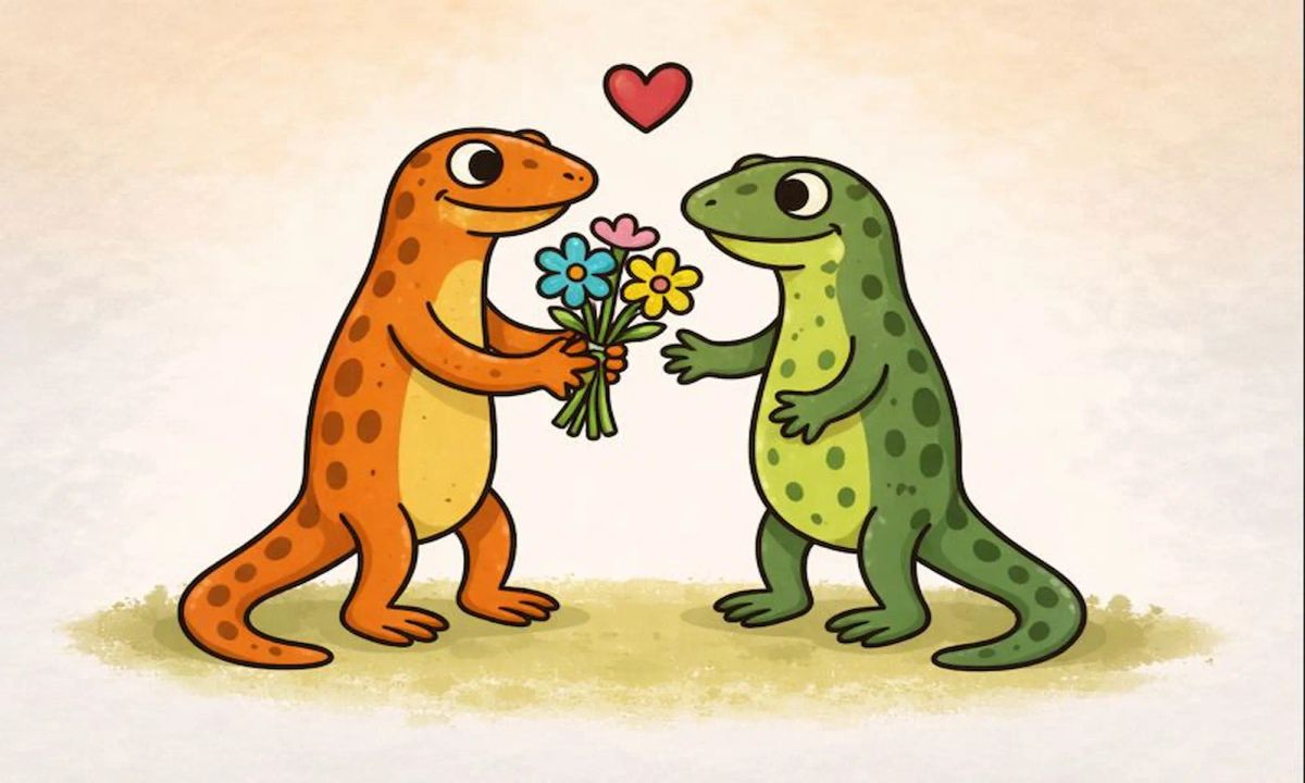 Two cartoon salamanders of different colors face each other; one offers a bouquet of flowers while a heart floats above them.
