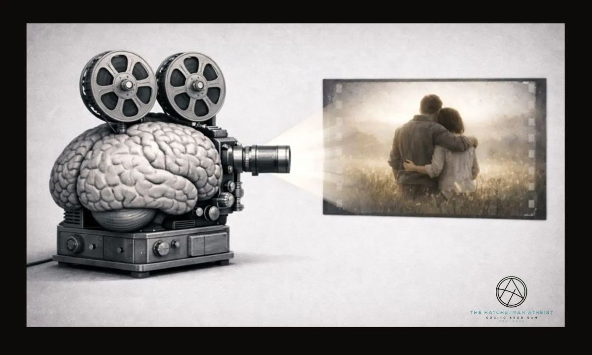 Illustration of a human brain as a vintage film projector, displaying a warm image of a couple embracing on a screen.