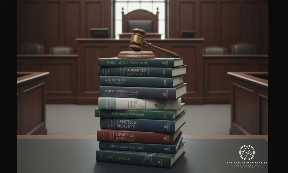 “Scientific books stacked beneath a judge’s gavel in a courtroom, symbolizing the ruling in Kitzmiller v. Dover”