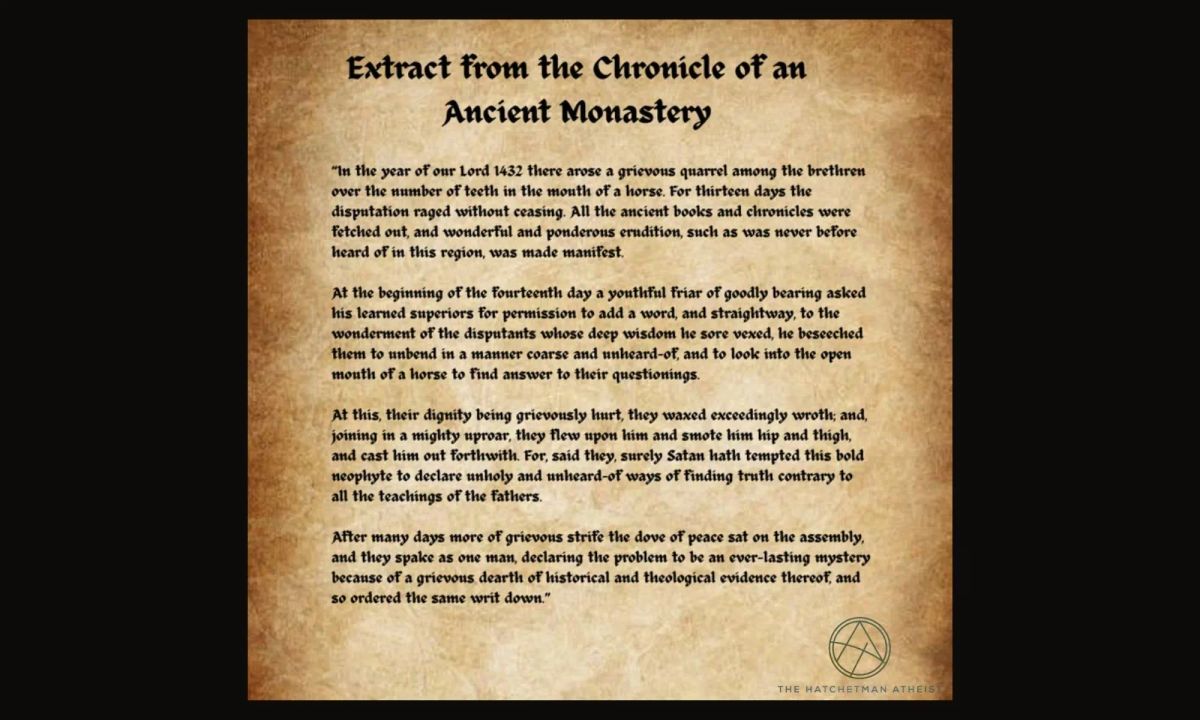 The Horse's Teeth parable on a parchment like design in caligraphic script