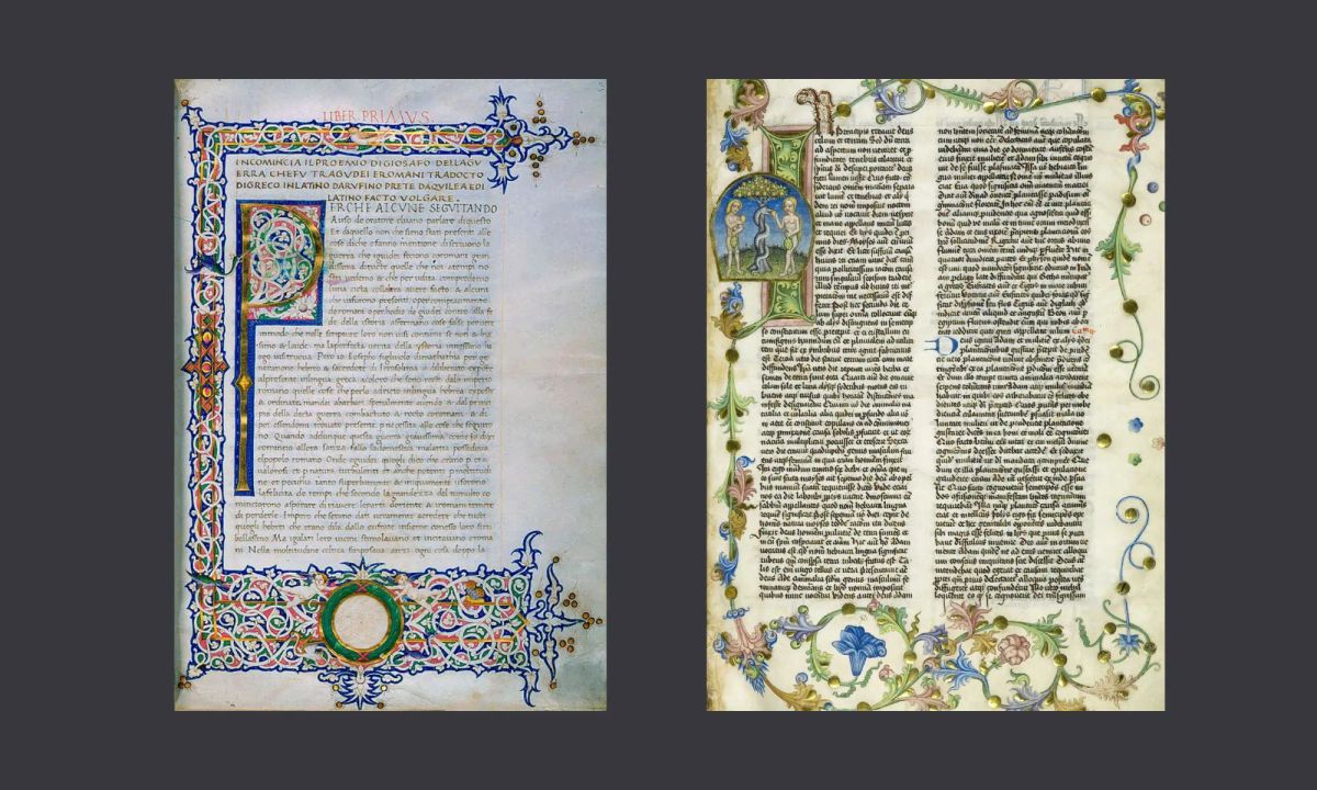 Two side-by-side pages of a medieval illuminated manuscripts featuring dense Latin or Italian script and highly decorative, colorful borders with gold leaf.