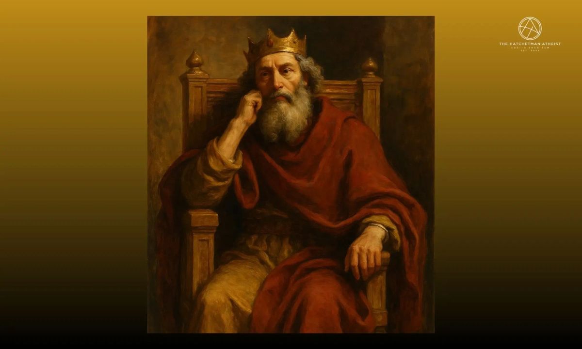 Painting of an old King David looking stressed on a throne