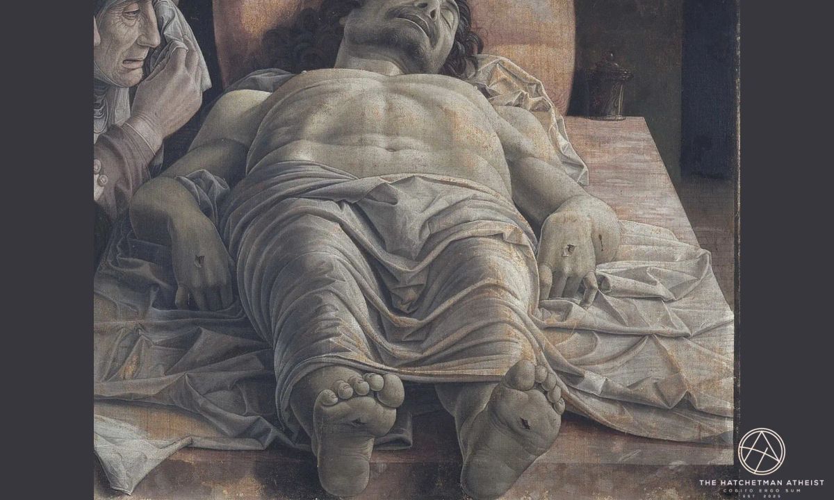 Renaissance painting by Andrea Mantegna showing the dead body of Jesus laid out in extreme foreshortening, emphasizing physical finality and human mortality.