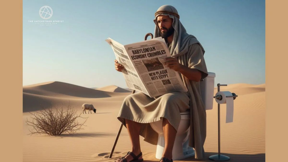 Biblical shepherd sitting on a toilet in the desert reading a newspaper, illustrating anachronistic sanitation.