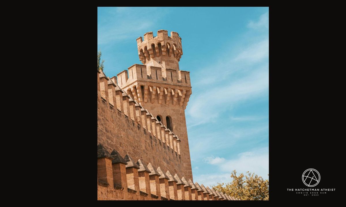 Stone fortress wall with battlements and a watchtower under a blue sky, symbolizing intellectual retreat and defensive argumentation.