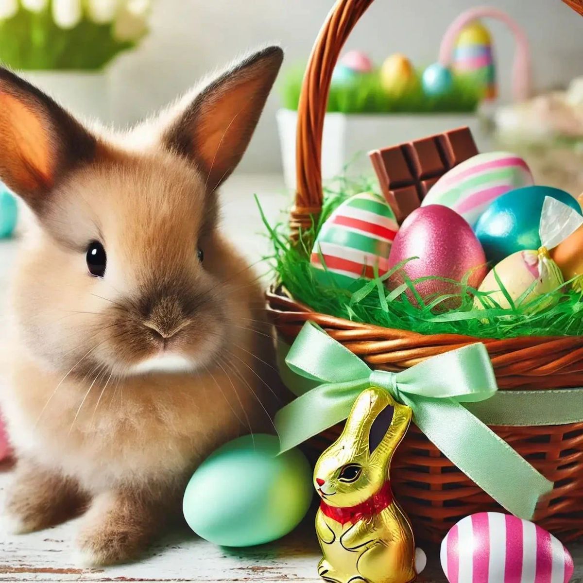 Close-up of a brown rabbit beside a wicker Easter basket filled with colorful painted eggs and chocolate, including a foil-wrapped bunny, on a light background.
