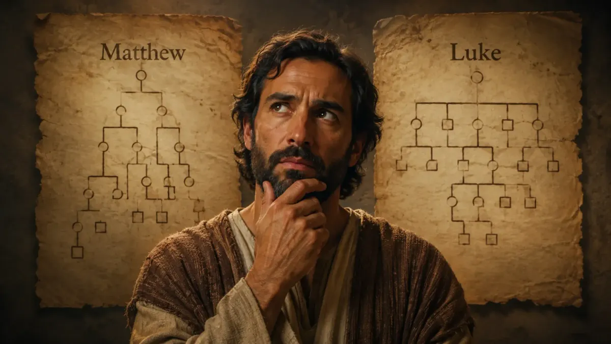 A thoughtful depiction of Joseph centered between two parchment family trees labeled Matthew and Luke, representing the conflicting genealogies of Jesus.