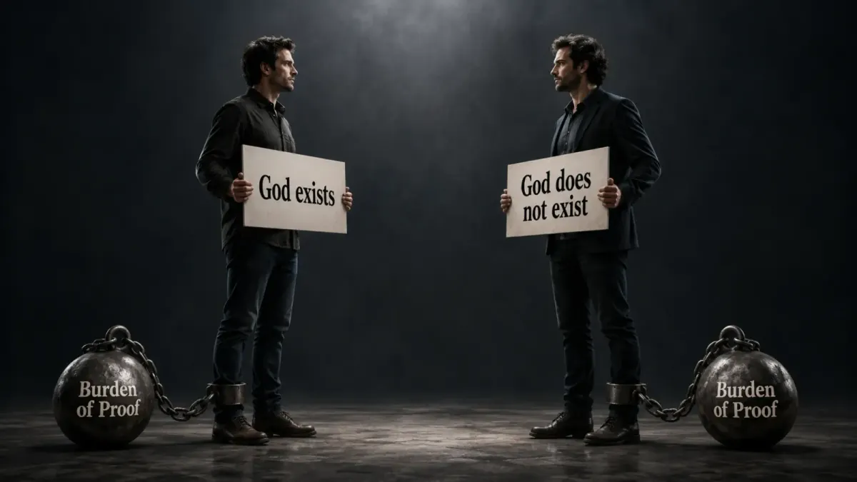 Two men face each other holding signs reading “God exists” and “God does not exist,” with large weights labeled “Burden of Proof” chained to their ankles.