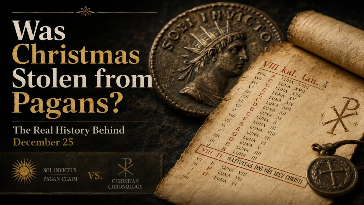 Roman Sol Invictus coin beside an ancient calendar marking December 25, with Christian symbols illustrating the debate over whether Christmas borrowed from pagan tradition.