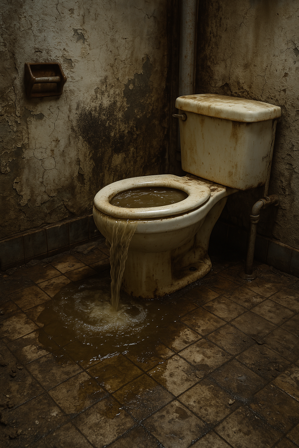 Overflowing plumbing near a crucifix statue in Mumbai