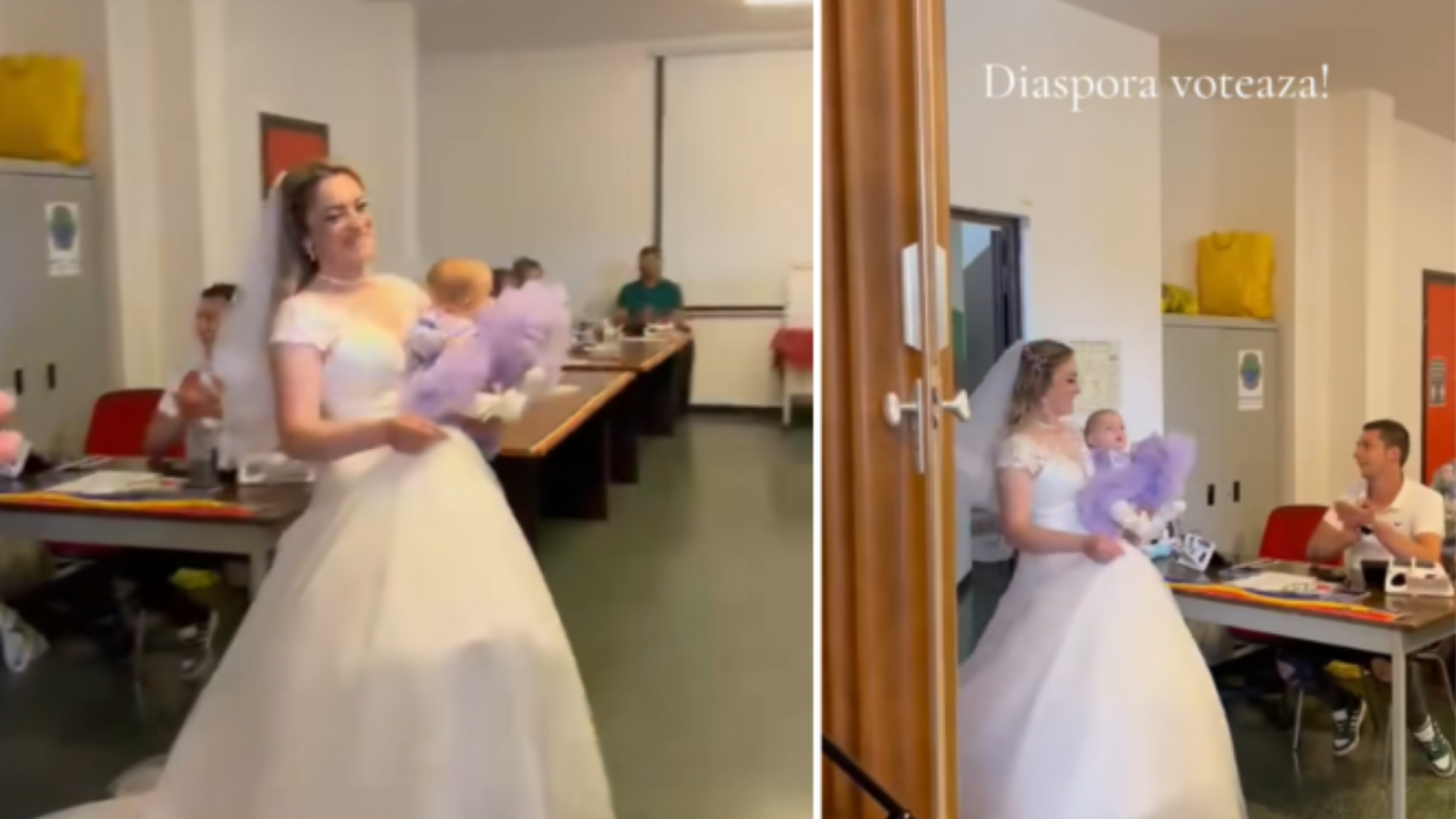 Mireasă la urne: o româncă din Italia a votat în ziua nunții, îmbrăcată în rochie albă și cu bebelușul în brațe